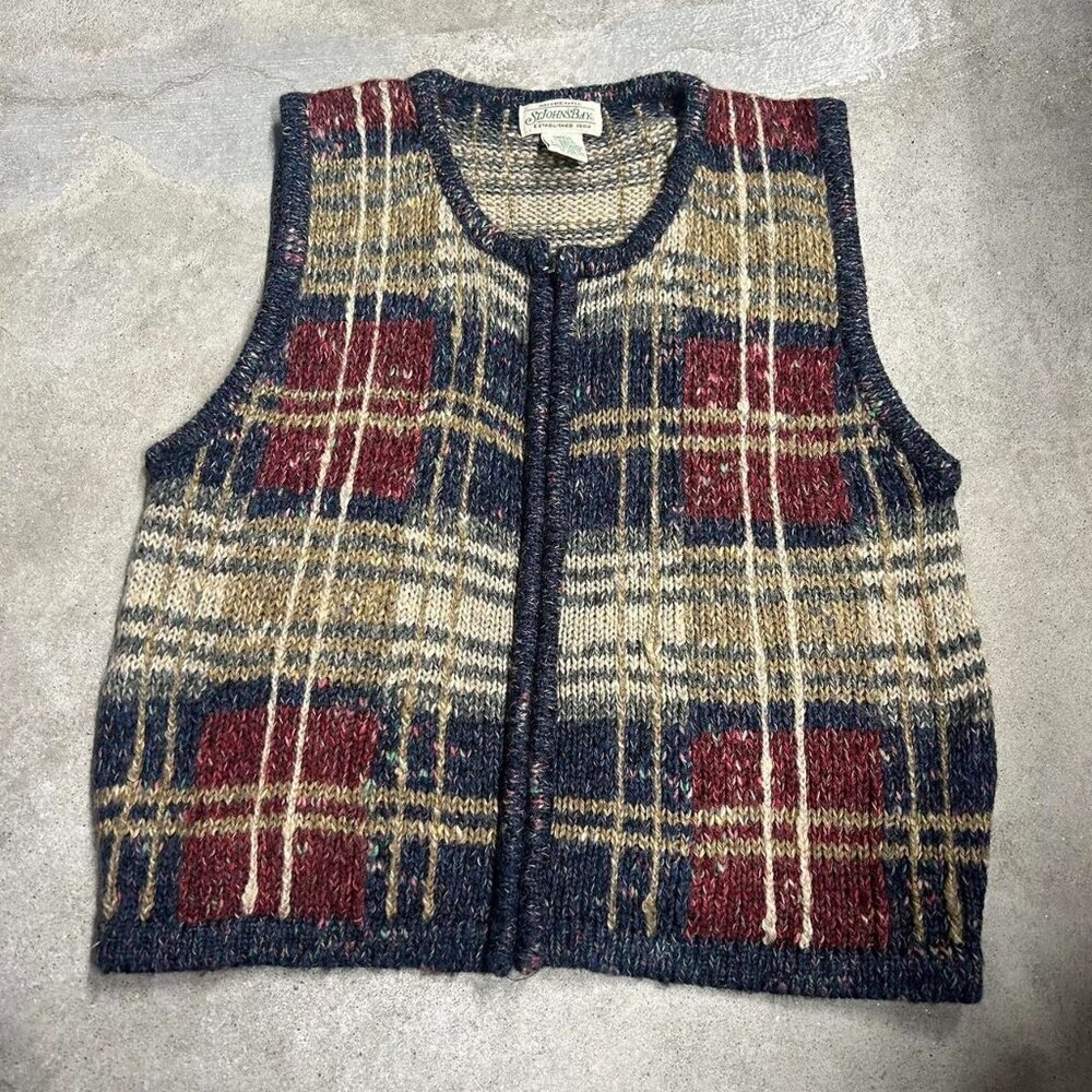 Vintage St John’s Bay Plaid Wool Blend Full Zip Sweater Vest Size Small